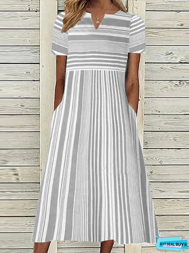 Women Short Sleeve Maxi Dress V-neck Striped Dress
