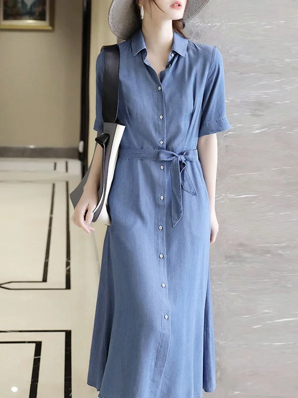 Urban Denim Blue Belted Lapel Short Sleeves Oversize Midi Dress