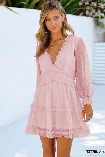 Swiss Dot Frill V-Neck Mini Dress