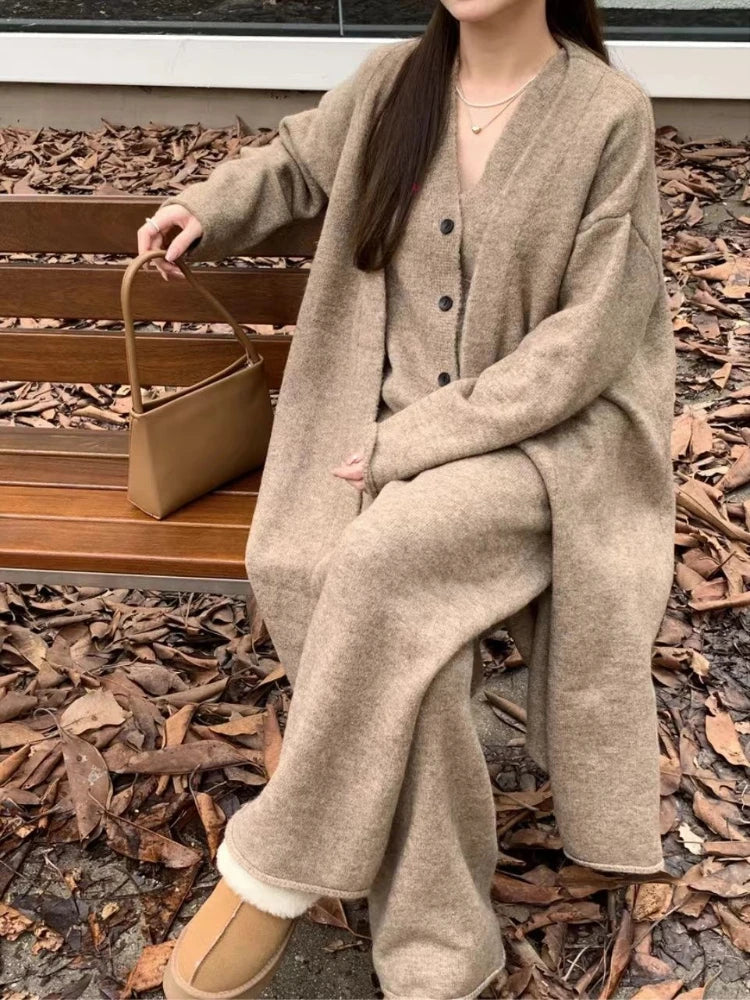Aiertu Winter French Knitted Suits 3 Piece Set Women Casual Long Cardigan + Vintage Vest + Office Lady Long Pants Korean Fashion Aiertu