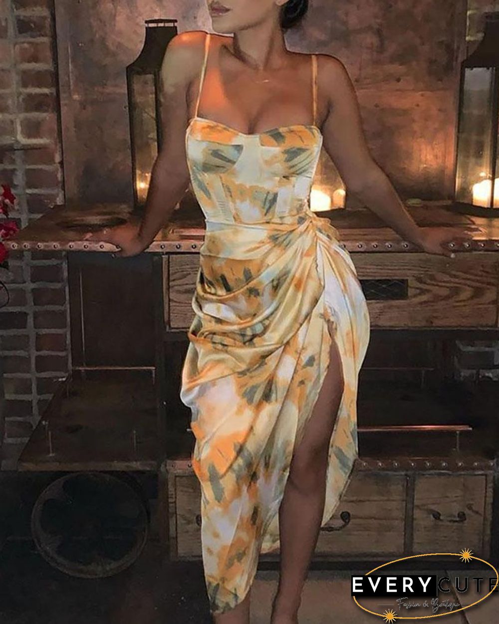 Abstract Print Spaghetti Strap High Slit Ruched Dress P10026