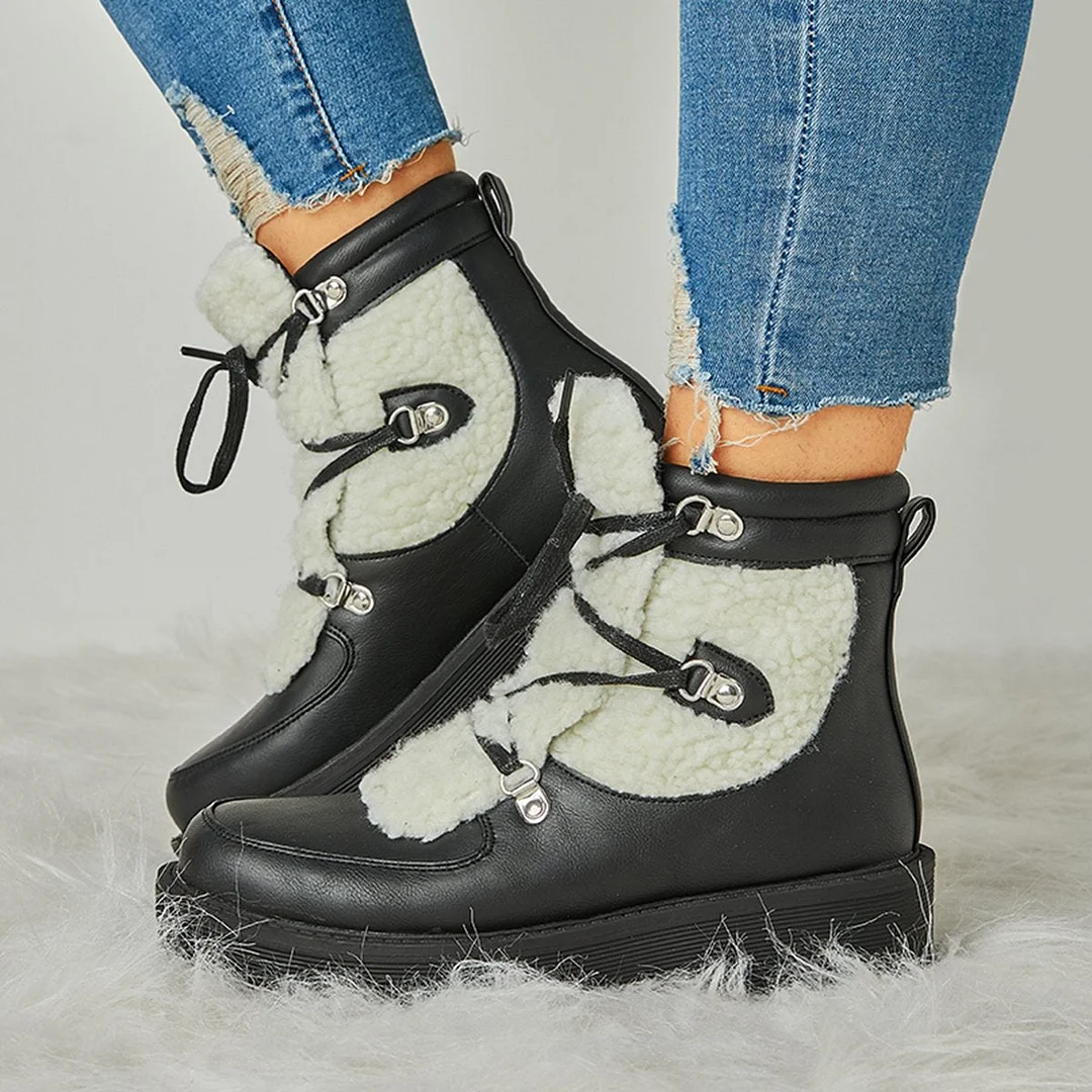 Women's Faux Shearling Stiching Lace Up Snow Boots