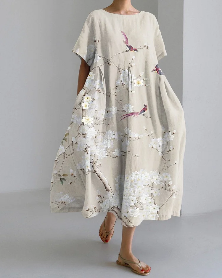 Rhododendron Flower Branch Short Sleeve Midi Dress