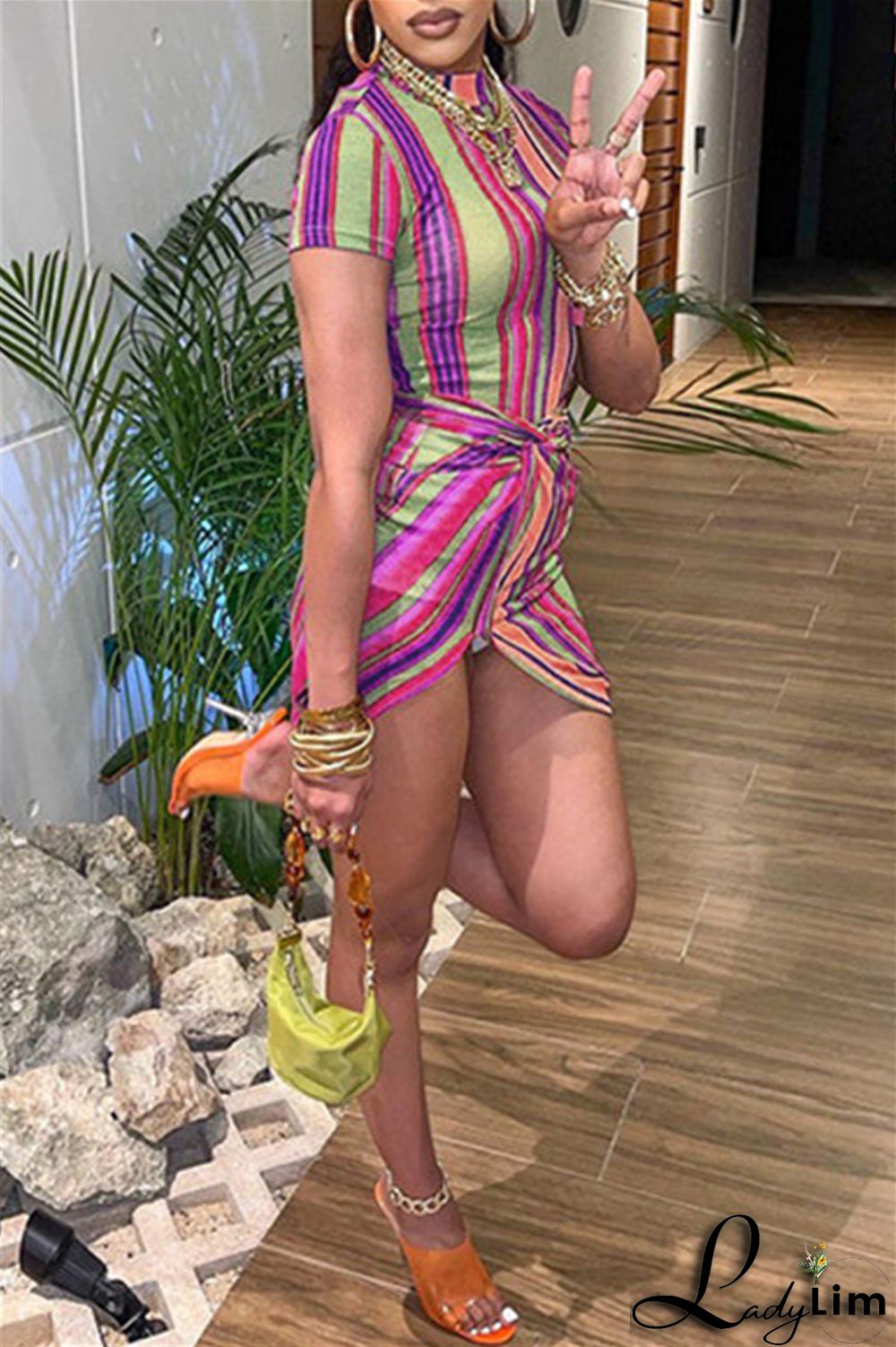 Orange Fashion Casual Striped Print Split Joint Half A Turtleneck Short Sleeve Dress