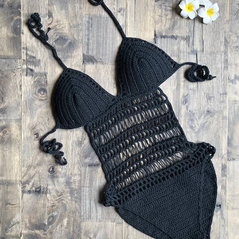 Fitshinling Bohemian Crochet Monokini Handmade One Piece Bodysuit Sexy Hot Backless Strappy Swimsuits Hollow Out Swimwear Women