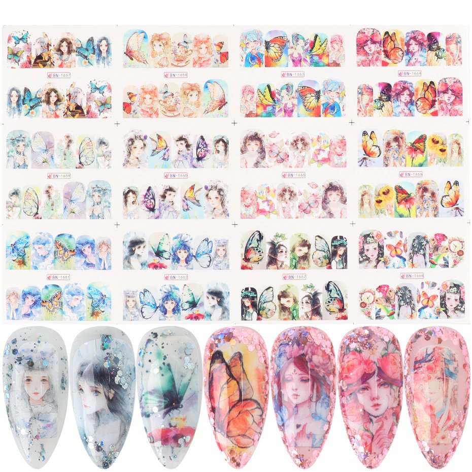 Agreedl Designs Charm Anime Girl Water Decals Goddess Nail Art Sticker Butterfly Full Cover Slider Manicure Accessories LYBN1657-1668