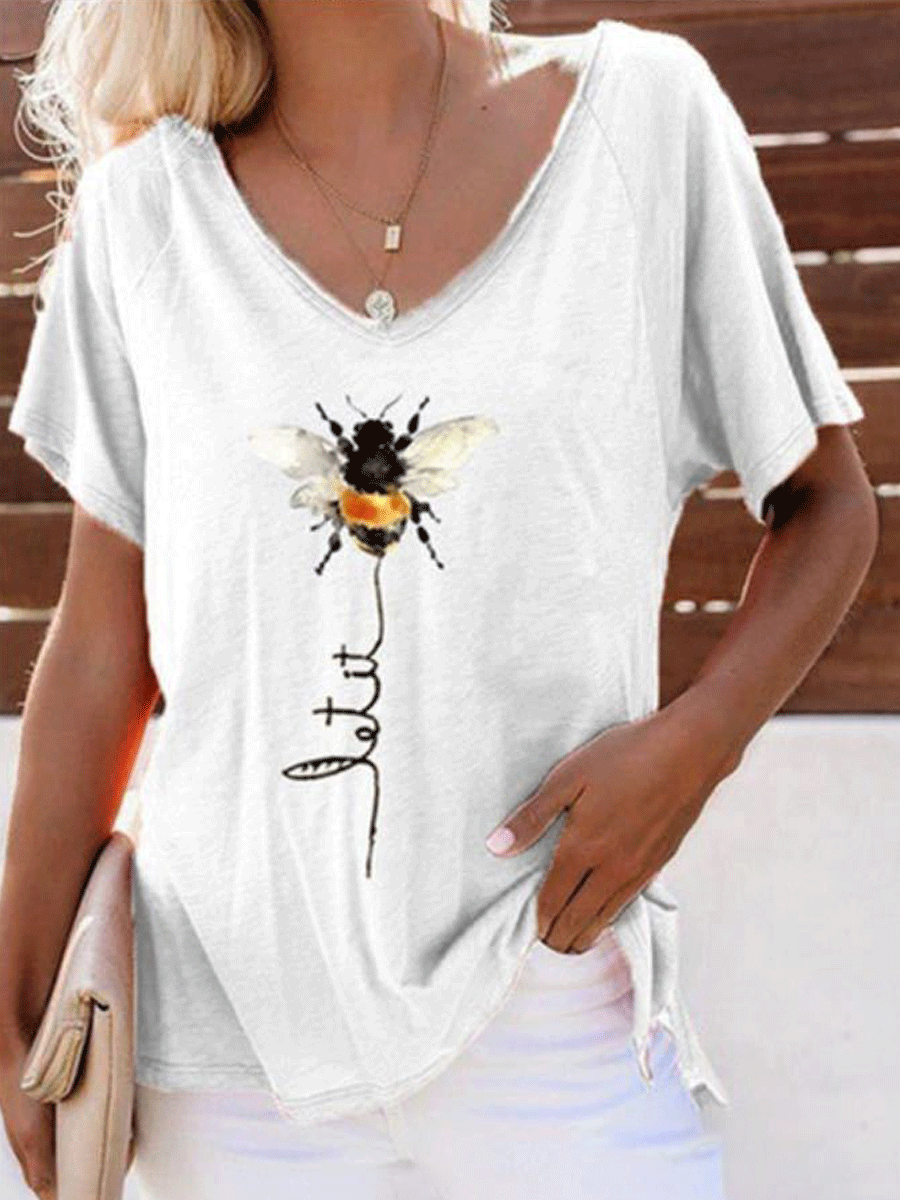 V-neck Short Sleeve Loose Bee Print T-shirt