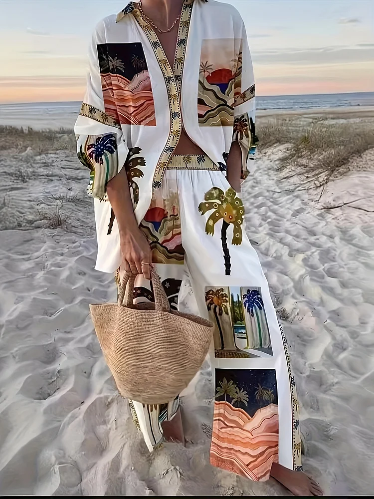 Spring/Summer/Autumn Women's Casual Color Block Summer Printed Shirt Pants Set, Women's Two-Piece Set