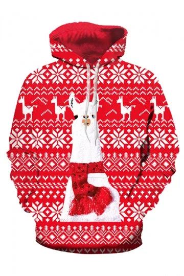 Drawstring Snowflake Christmas Alpaca Hoodie-elleschic