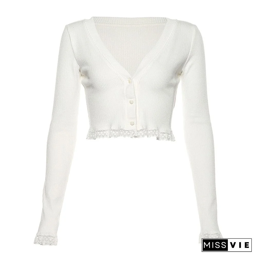 V-neck Long Sleeve Cardigan Lace Crop Top