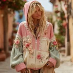 Women's Vintage Patchwork Floral Art Cozy Knitted Zip-up Hoodie - Image 2