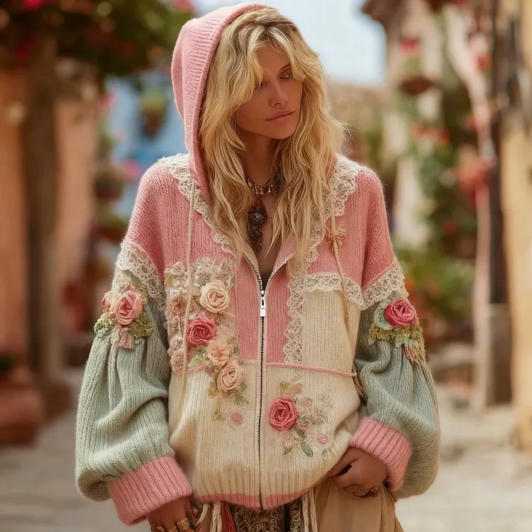 Women's Vintage Patchwork Floral Art Cozy Knitted Zip-up Hoodie