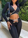 Fashion Hollow Bandage Cross-Strap V-Neck Long Sleeves Shirts+ Flared Pants Set