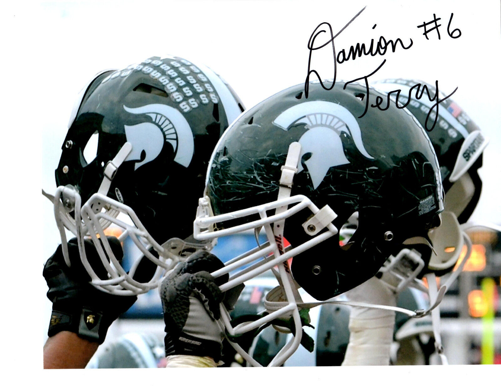 Damion Terry Michigan State football helmet auto signed football Photo Poster painting 8x10 MSU