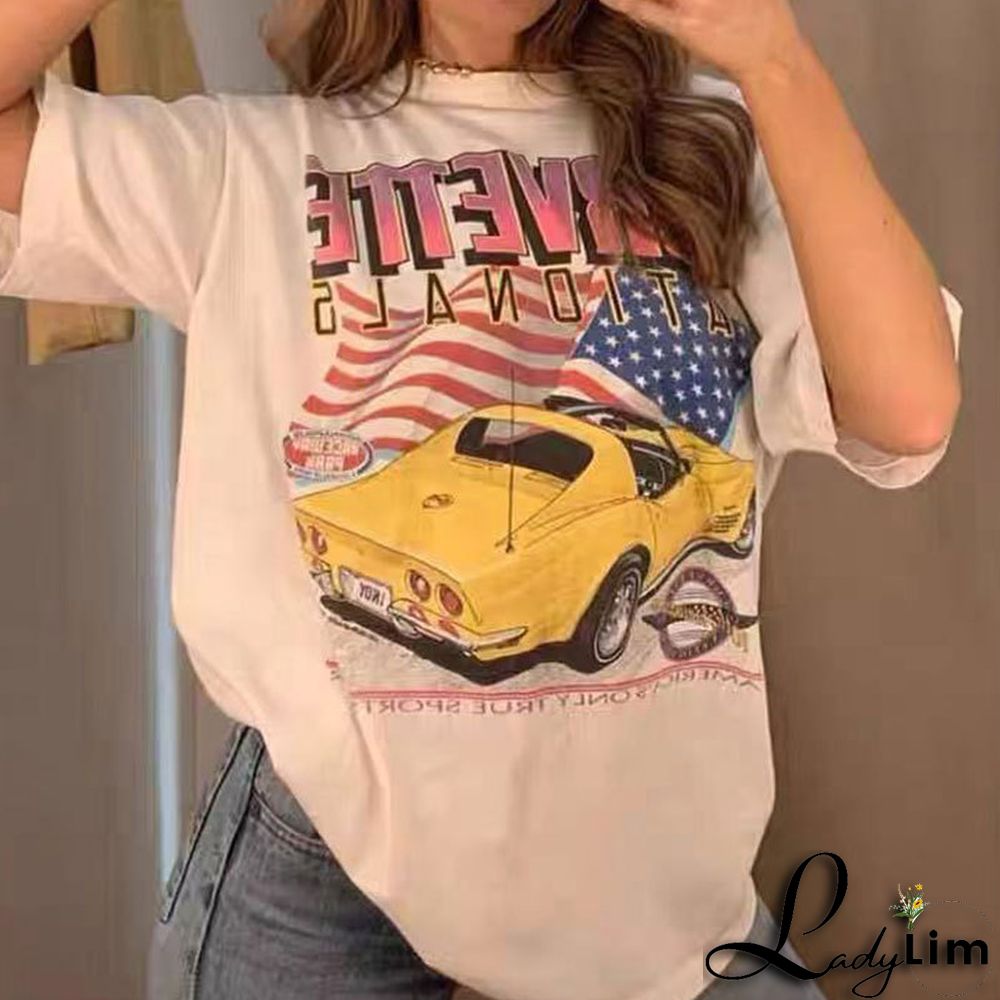 Gothic print Round Neck loose short sleeves t-shirt