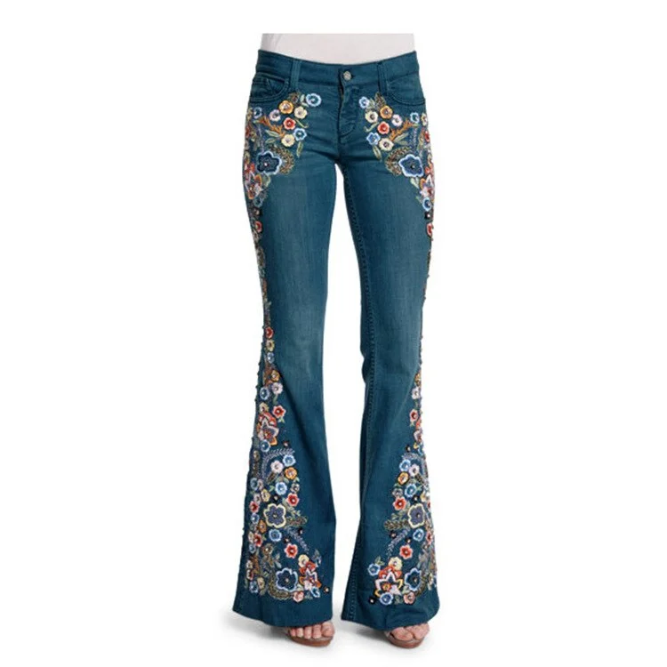 Embroidered Trousers Denim Bell Bottom Pants Ventilation High Street Wide Legged Women Elasticity Breathe Reely nylon wide pants