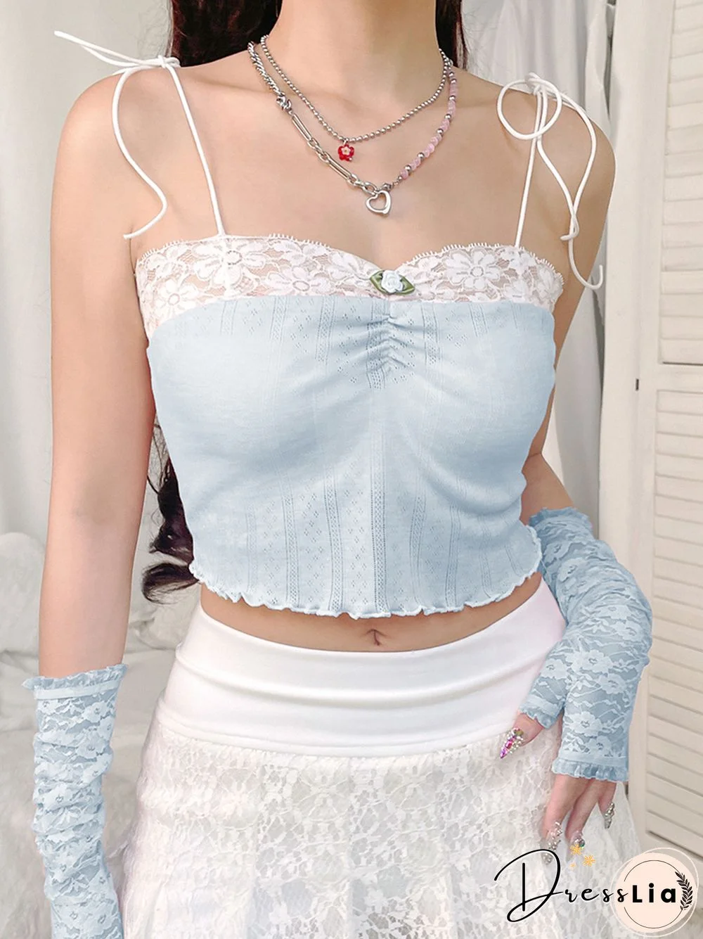 Lace Patchwork Y2K Camisole Sexy Spaghetti Strap Chic Cropped Women Outfits Aesthetic 90S Slim Folds Floral Shirts