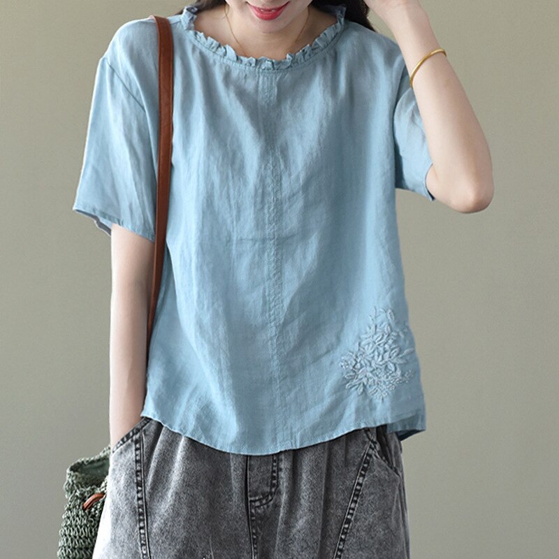 Women Vintage Embroidery Cotton Linen Casual Tops