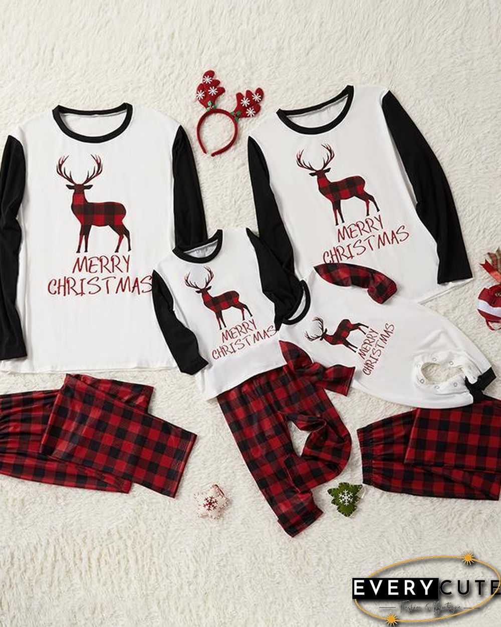 Kid's Cotton Elk Plaid Parent-Child Family Christmas Loungewear