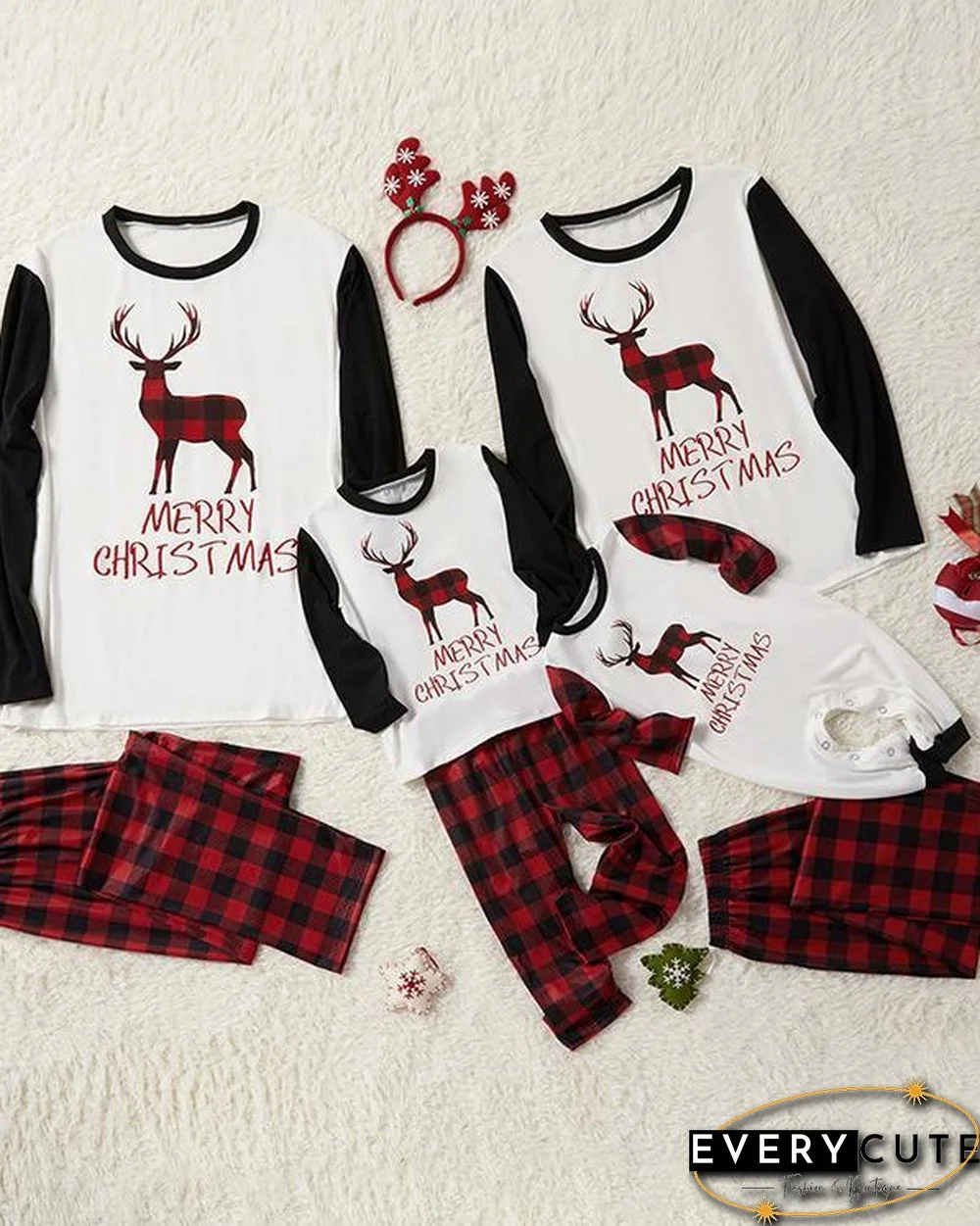 Kid's Cotton Elk Plaid Parent-Child Family Christmas Loungewear