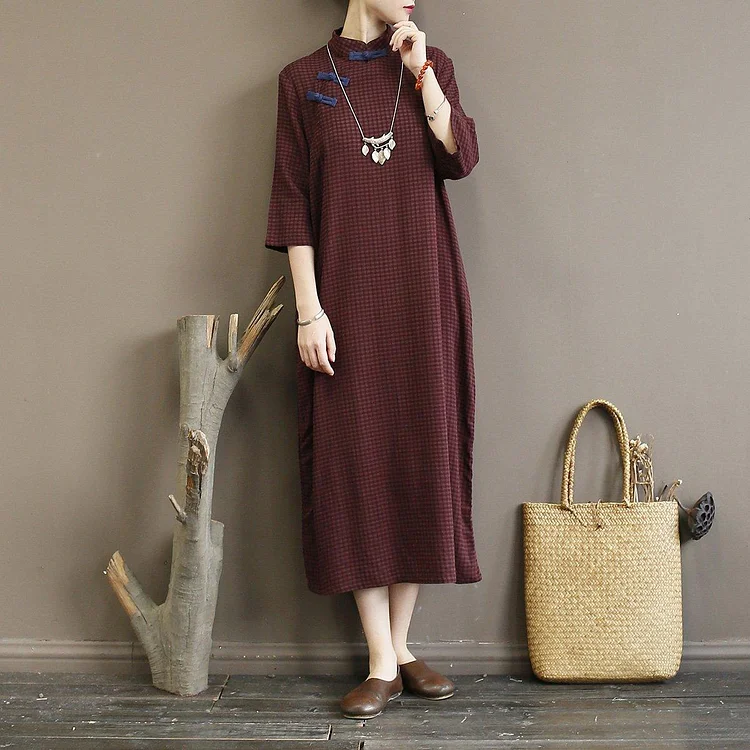 Simple bracelet sleeved cotton summer tunic dress Fashion Ideas dark khaki plaid Traveling Dress