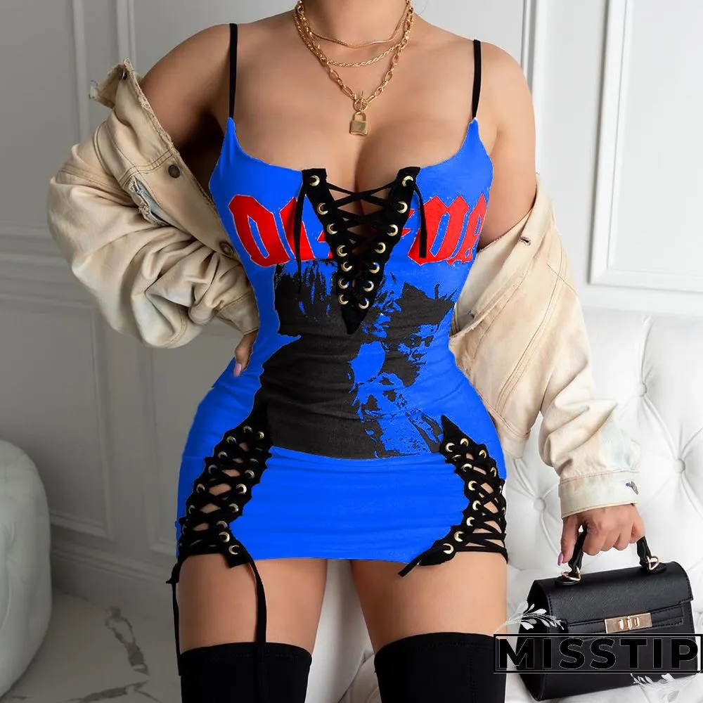 Printed Sleeveless Lace-up Mini Dress
