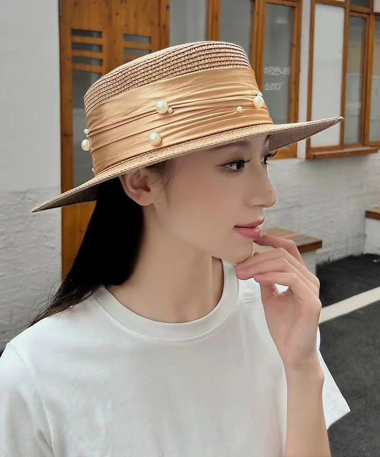 Fashion Fine Khaki Nail Bead Straw Woven Cloche Hat