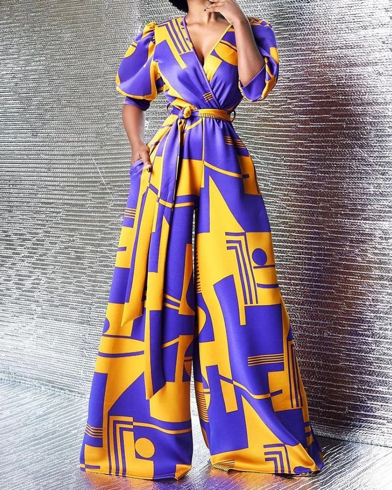 Bandage High Waist V-neck Printed Wide Leg Pants