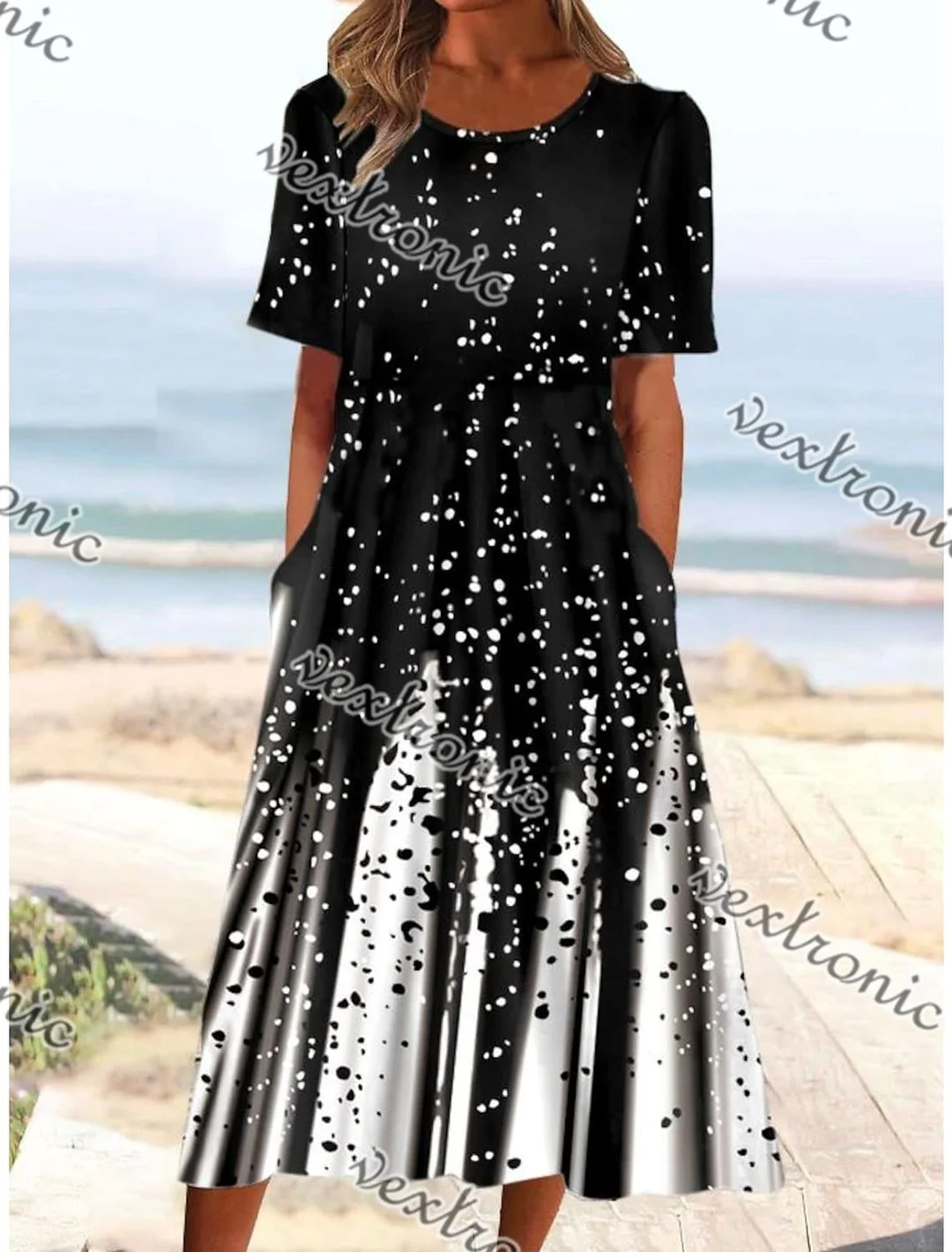 Women Casual Short Sleeve Scoop Neck Colorblock Printed Midi Dress