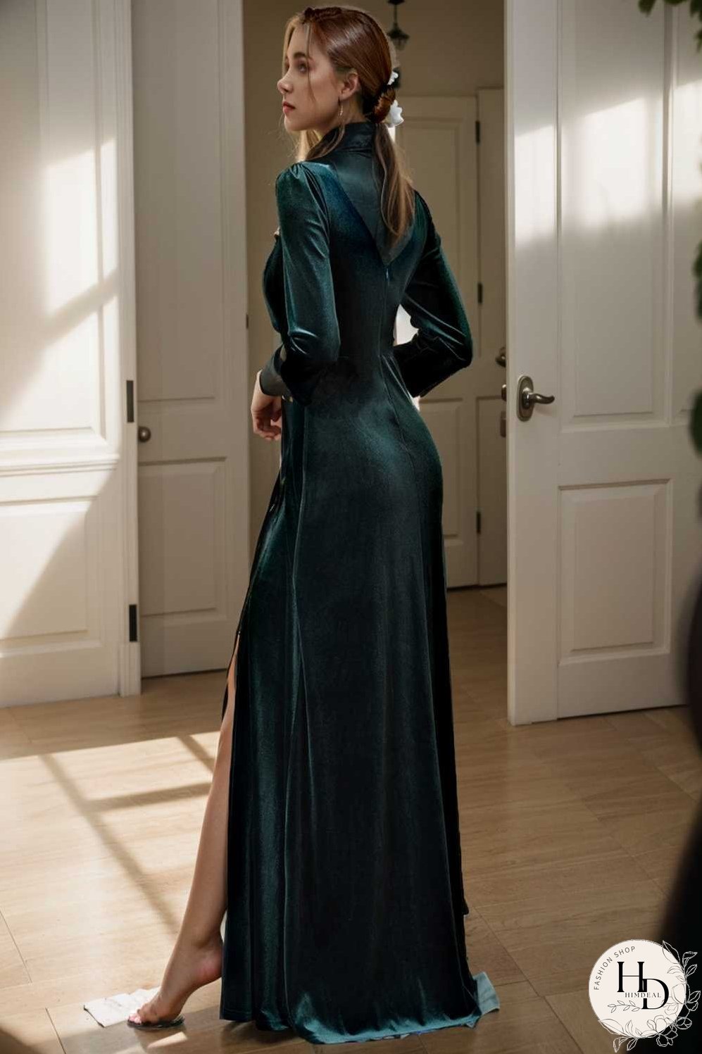 velvet 3 4 length sleeve illusion v neck front slit evening dress