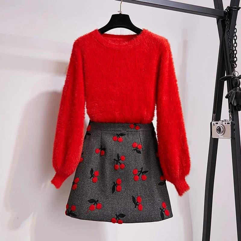 2021 Women Two Piece Set New Fashion Fall Winter Yellow Mohair Lanter Sleeve Pullover And Woolen Embroidery Mini Skirt Set