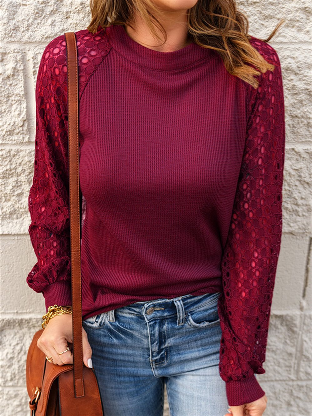 Women's Long Sleeve Scoop Neck Lace Stitching Tops