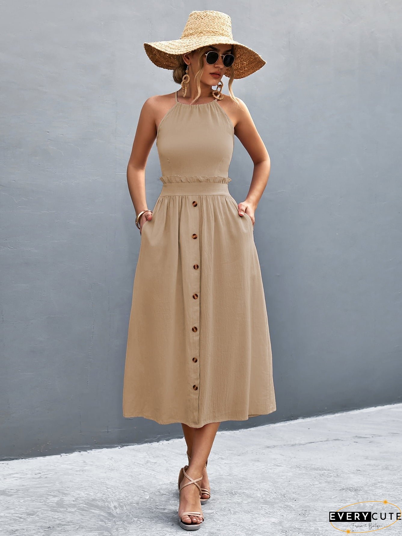 Buttoned Halter Neck Frill Trim Midi Dress