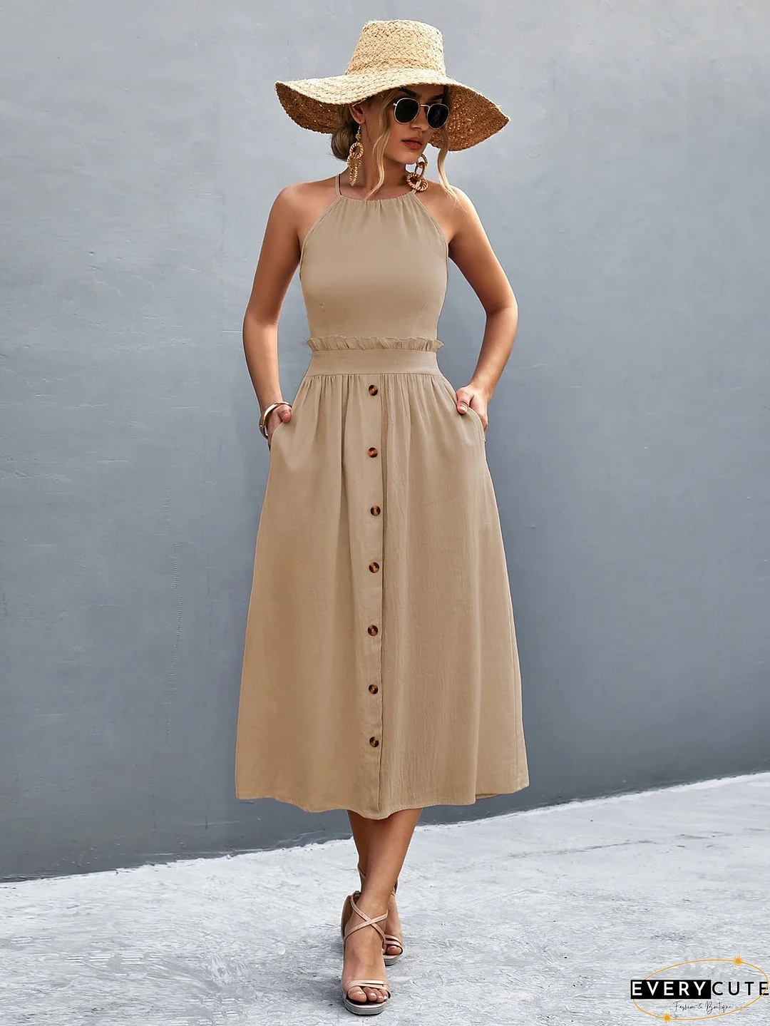 Buttoned Halter Neck Frill Trim Midi Dress