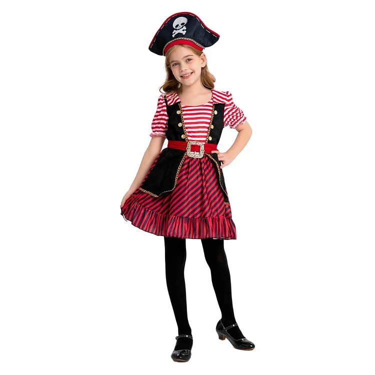 Kids Children Pirate Red Strips Dress Set Outfits Cosplay Costume Halloween Carnival Suit 