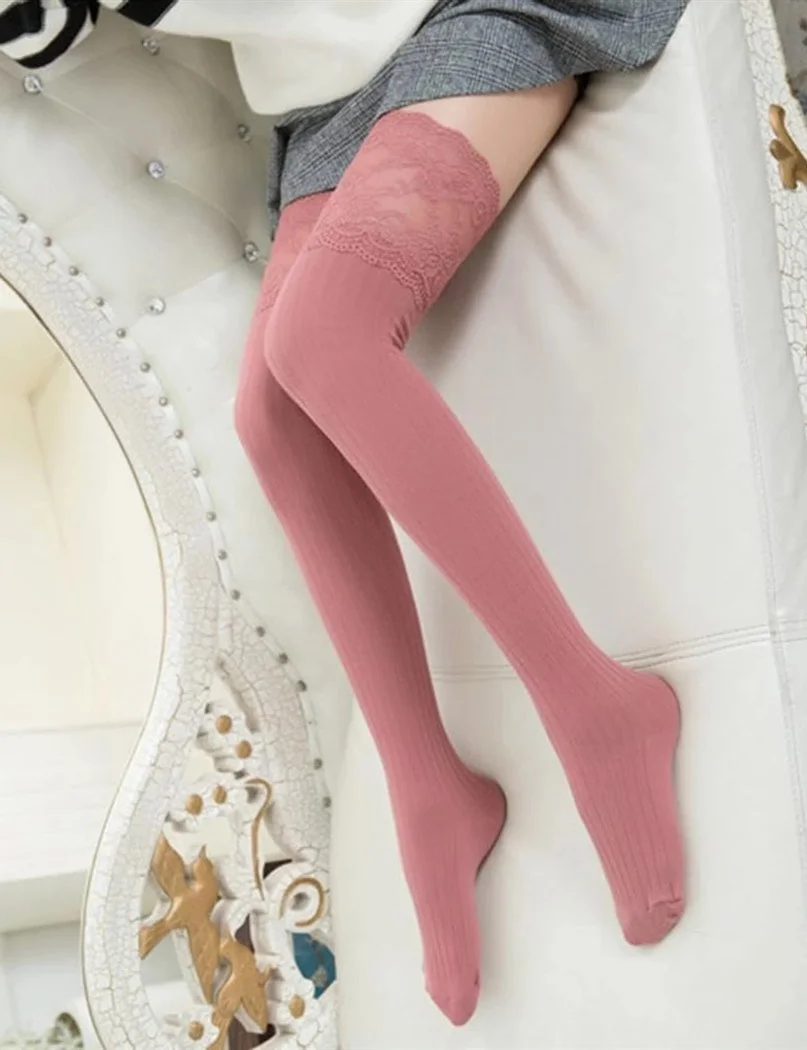 Knit Over Lace Knee Long Thigh High Socks