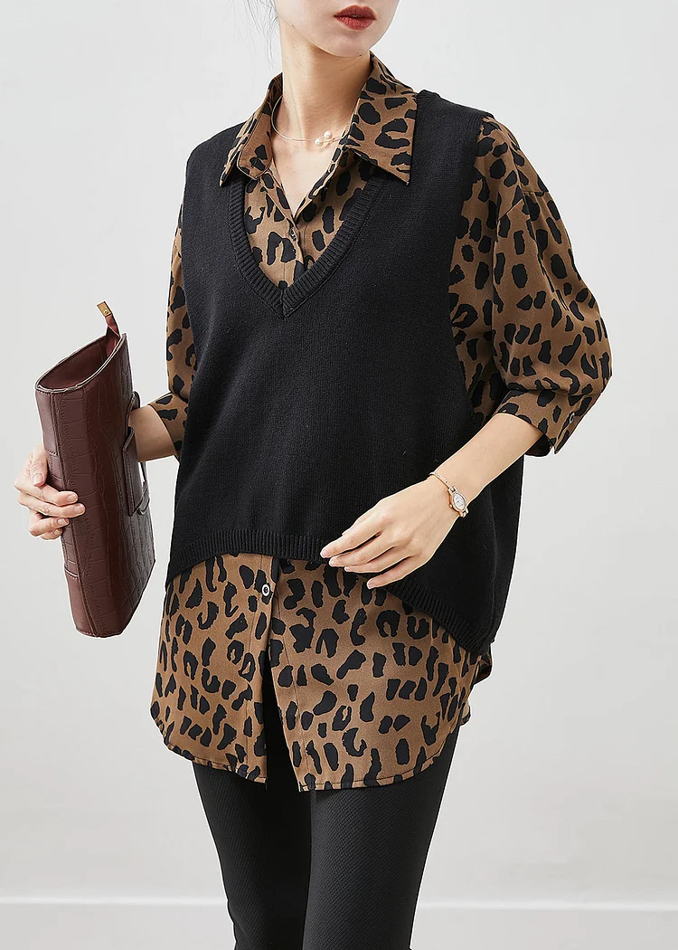Natural Oversized Leopard Print Knit Vest And Shirt Two Pieces Set Winter