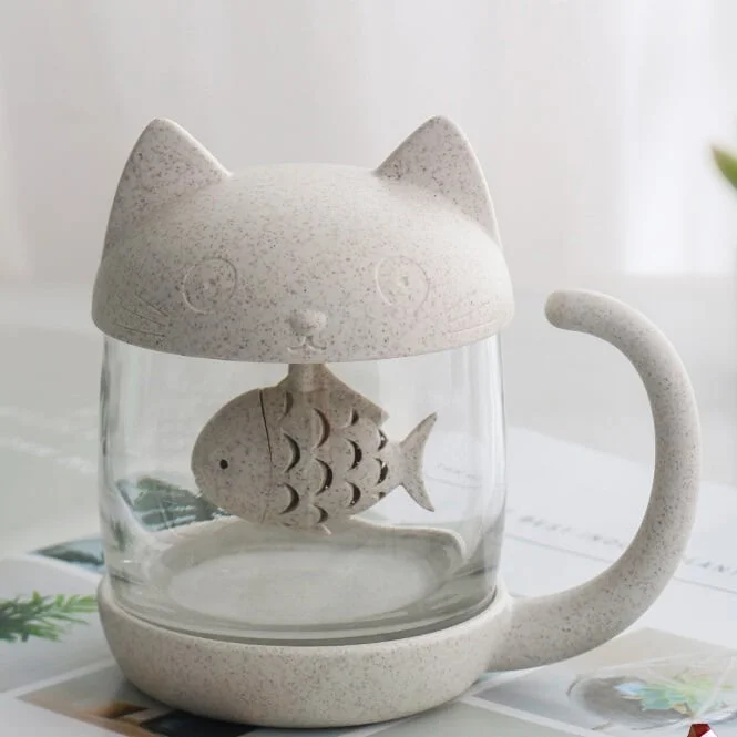 Kitten and fish teacup mug water cup cute and strange glass cup with lid 