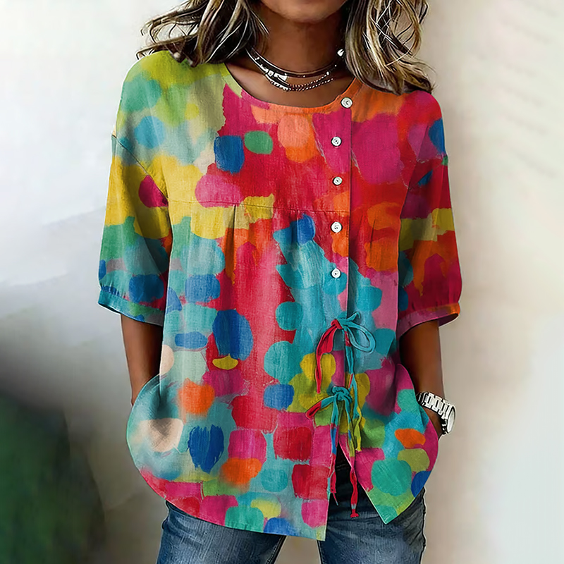 Women's Retro Colorful Ink Print Button-up Collar Tie-waist Shirt elevenforest