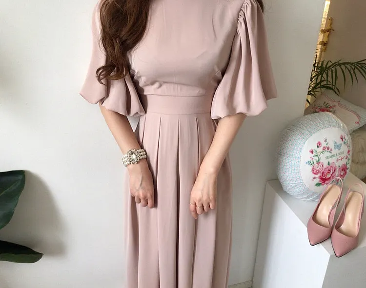 Premium Collection Lantern Sleeve Pocketed Pleated Dress