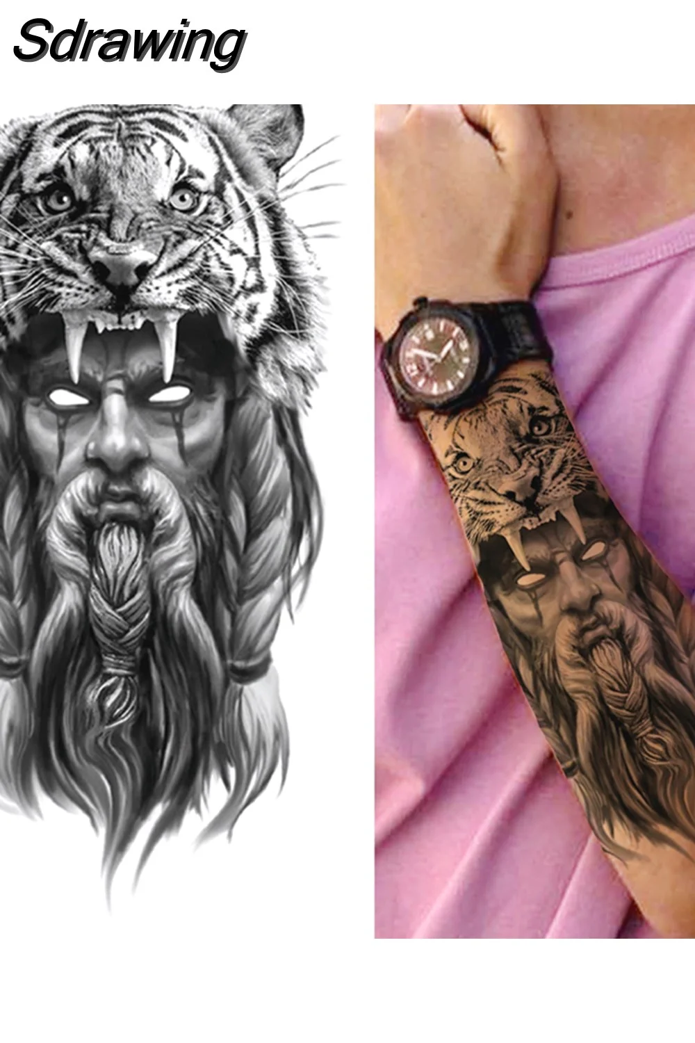 Sdrawing Lion Temporary Tattoo For Women Men Adult Skull Tiger Wolf Forest Tattoo Sticker Black Fake Realistic Demon Tatoos Forearm 430-1