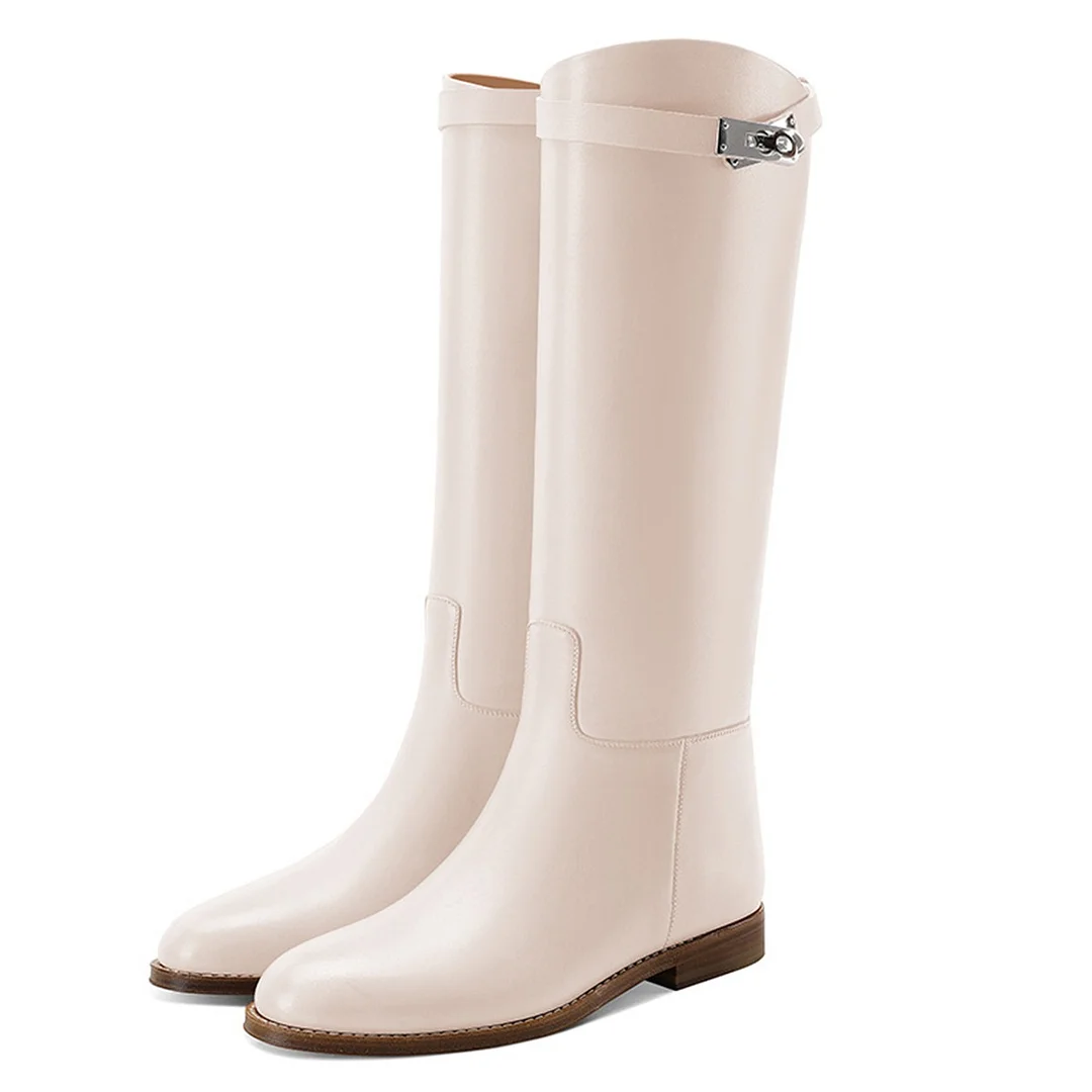 Women's Ivory Closed Toe Knee-High Slip On Flat Buckle Boots