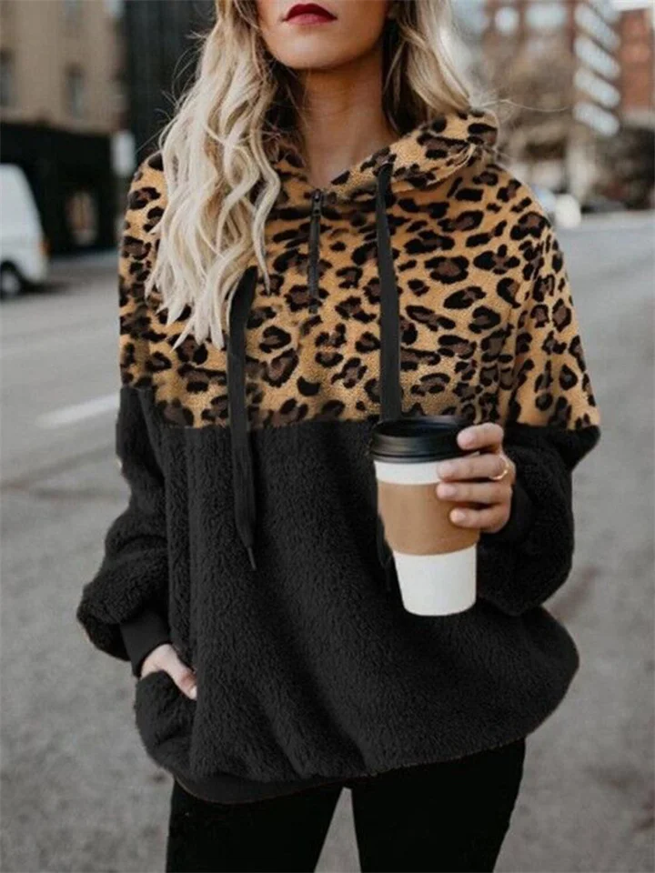 New Autumn and Winter Women's Sexy Leopard Print Zipper Pocket Top Plush Hooded Sweatshirt Womens-Cosfine
