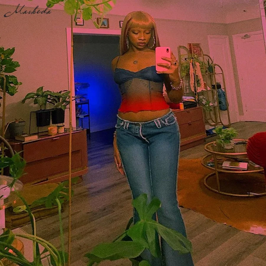 Macheda summer Sexy Mesh See through Tank Top Women Sleeveless V Neck Slim Lace Clothing Lady Fashion Cropped Top 2021 New