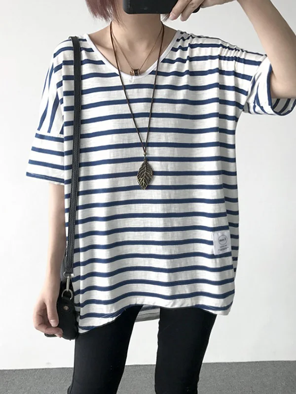 Casual Roomy Striped Split-Joint T-Shirt Top
