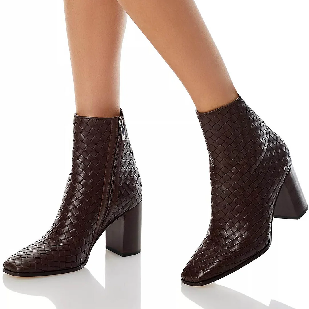 Chic Brown Woven Square Toe Chunky Heel Zipper Booties for Women