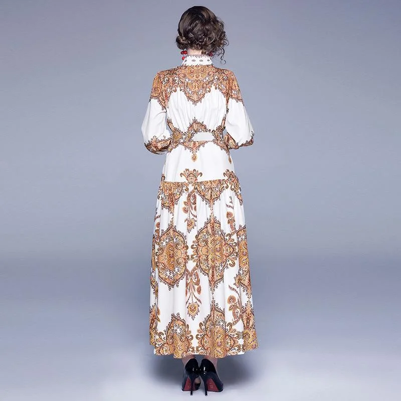 Women's retro loose print long-sleeved big swing dress