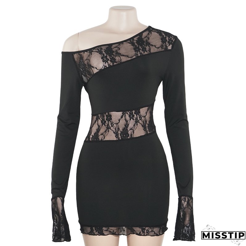 Autumn Solid Color Slash Shoulder Long Sleeve Sexy Lace Patchwork Short Dress