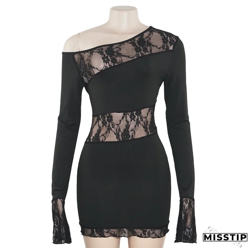 Autumn Solid Color Slash Shoulder Long Sleeve Sexy Lace Patchwork Short Dress