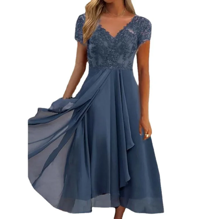 Uveng Uveng Station Dress Female Chiffon Stitching V-Neck Lace Dress Bridesmaid Evening Dress Even